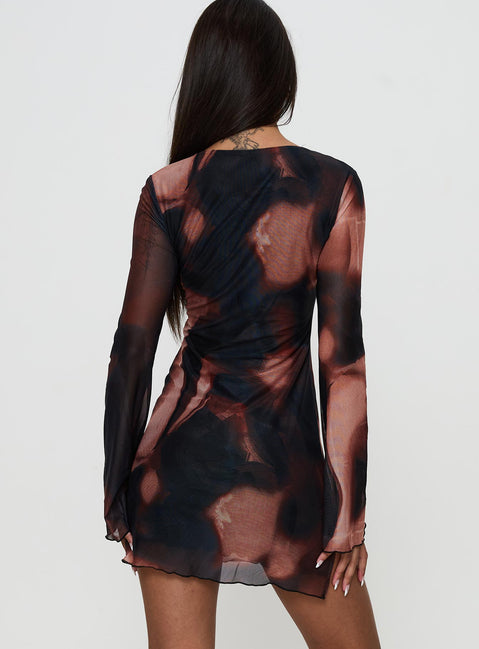 back view of model wearing Princess Polly Nyxia Long Sleeve Mini Dress Multi Scoop Neck 