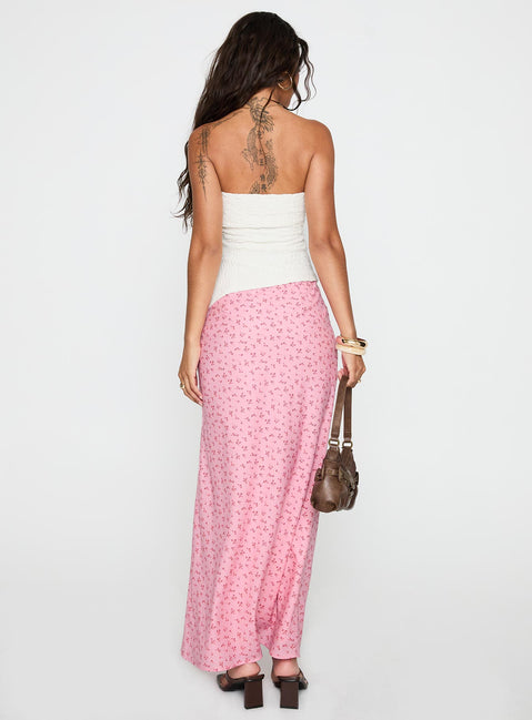 back view of model wearing Princess Polly Gorgina Tie Maxi Skirt Pink Multi Maxi Skirts Skirts 