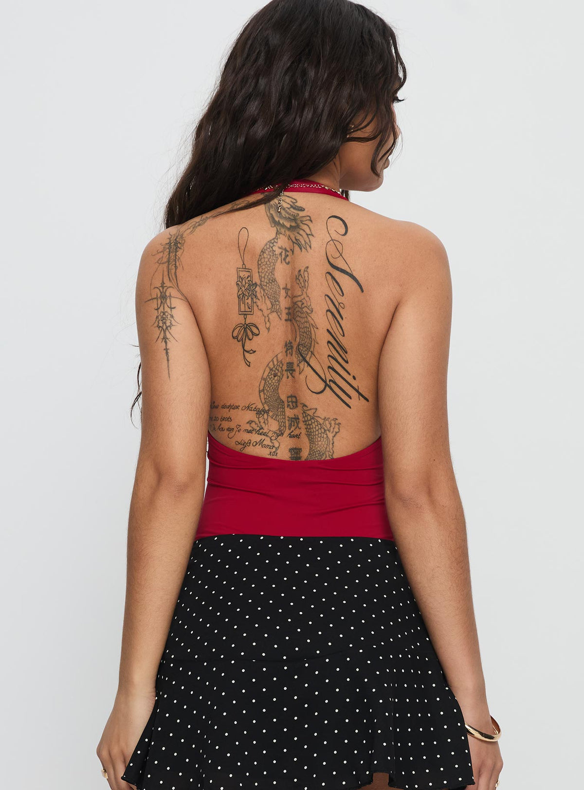 back view of model wearing Princess Polly Sugarberry Cut Out Bodysuit Red Sleeveless Bodysuit 