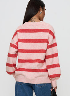 back view of model wearing Princess Polly Ryanna Sweater Pink / Red Stripe Jumpers 