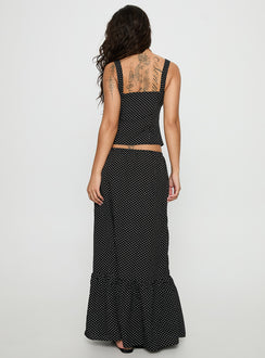 back view of model wearing Princess Polly Modern Girl Maxi Skirt Black / Polka Dot Skirts 