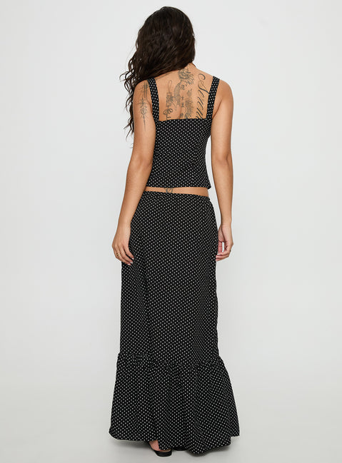 back view of model wearing Princess Polly Modern Girl Maxi Skirt Black / Polka Dot Skirts 
