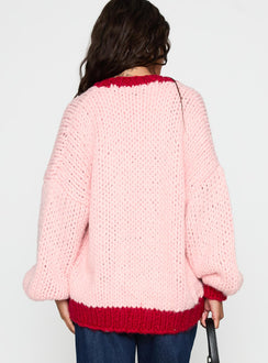 back view of model wearing Princess Polly Lester Knit Cardigan Pink / Red Longline Jumpers Jumpers 