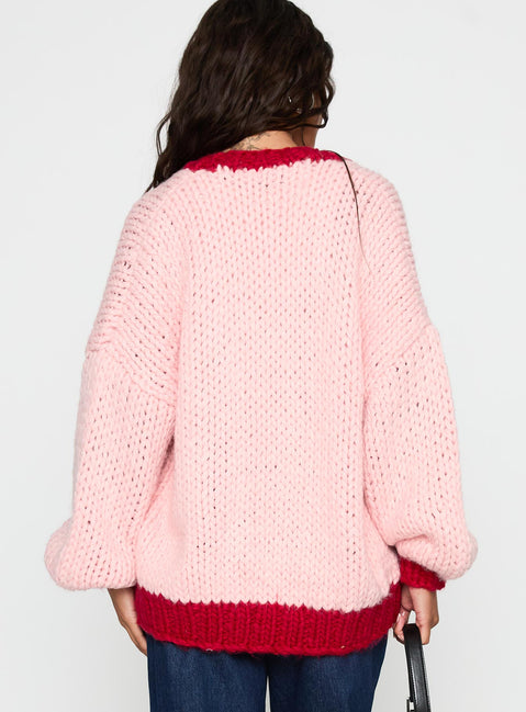 back view of model wearing Princess Polly Lester Knit Cardigan Pink / Red Longline Jumpers Jumpers 