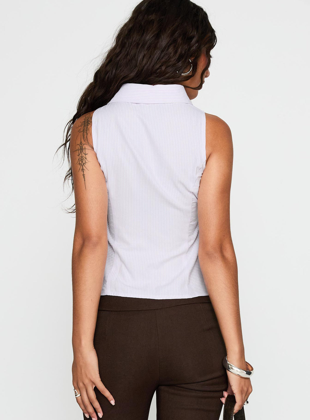 back view of model wearing Princess Polly Mark On Me Sleeveless Top Purple Stripe Sleeveless V-Neck 