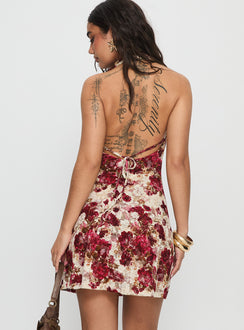 Salome Halter Cowl Neck Mini Dress Red Multi