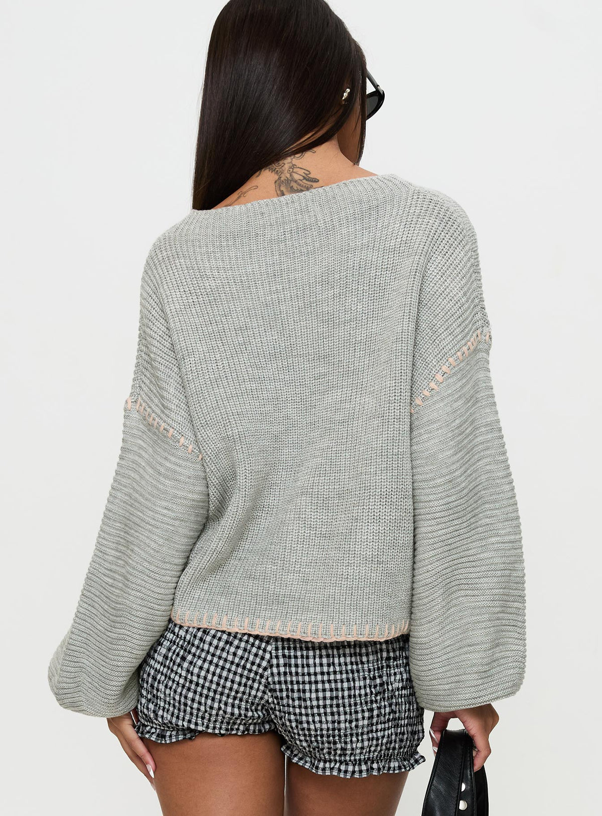 back view of model wearing Princess Polly Baby I'm Back Knit Sweater Grey / Pink Jumpers 