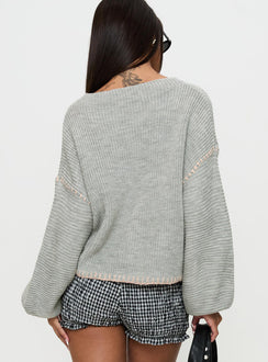 back view of model wearing Princess Polly Baby I'm Back Knit Sweater Grey / Pink Jumpers 