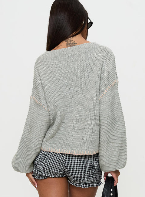 back view of model wearing Princess Polly Baby I'm Back Knit Sweater Grey / Pink Jumpers 