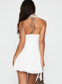 back view of model wearing Princess Polly Scarlytte Halter Mini Dress White Square Neck 