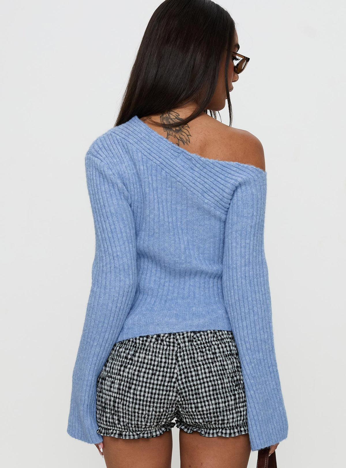 back view of model wearing Princess Polly Phillips Cold Shoulder Sweater Blue Cropped Jumpers Jumpers 