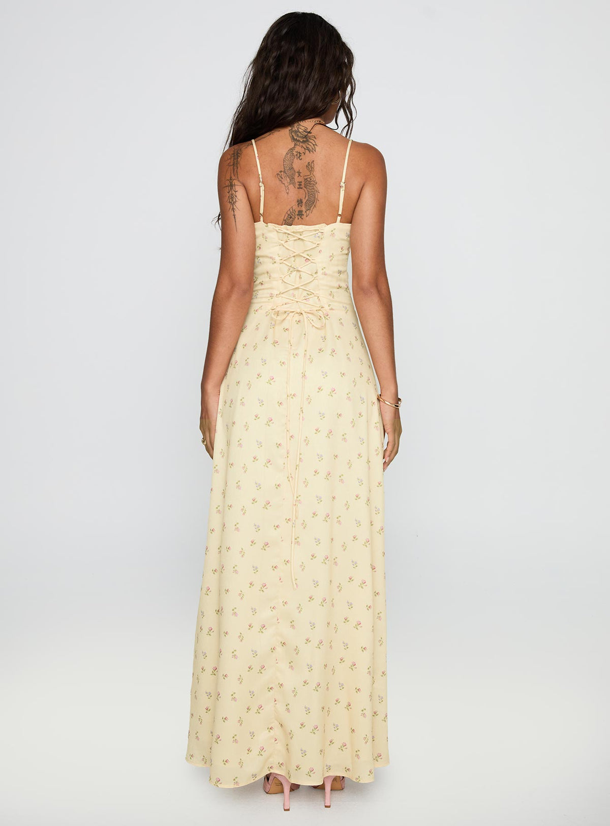 back view of model wearing Princess Polly Members Only Maxi Dress Yellow Floral Sweetheart Neckline 