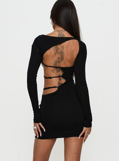 back view of model wearing Princess Polly Rowin Long Sleeve Cut Out Mini Dress Black Scoop Neck 