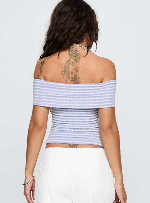 back view of model wearing Princess Polly Ausha Off Shoulder Top Lilac Stripe Short Sleeves straight 