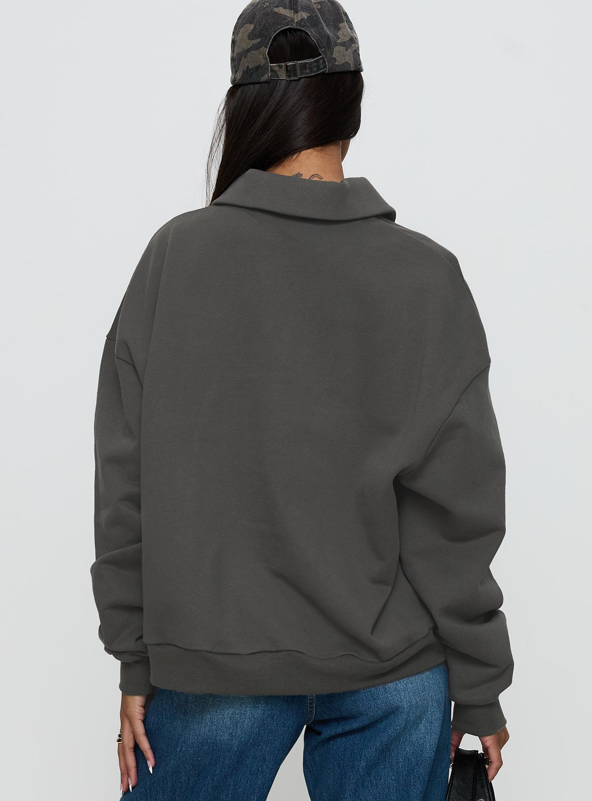 back view of model wearing Princess Polly Back Around Collared Fleece Jumper Slate Jumpers 