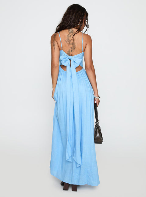 back view of model wearing Princess Polly Palisades Tie Up Maxi Dress Blue Scoop Neck 