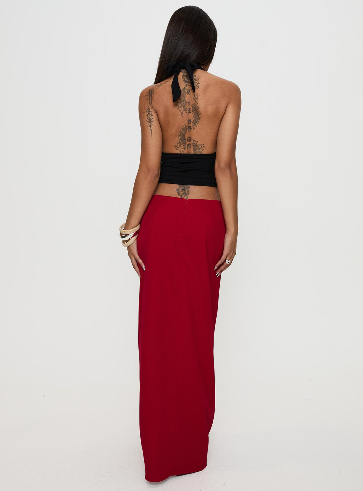 back view of model wearing Princess Polly Devoted Maxi Skirt Red Maxi Skirts Skirts 