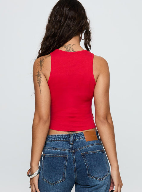 back view of model wearing Princess Polly Boot Scootin Graphic Tank Top Red Sleeveless Crew Neck 