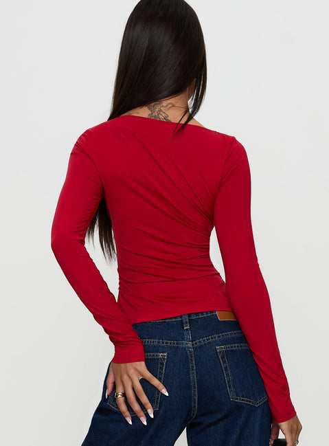 back view of model wearing Princess Polly Keane Long Sleeve Top Red Full Sleeves Sweetheart 