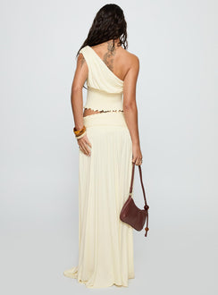 back view of model wearing Princess Polly Full Orbit Shirred Maxi Skirt Cream Maxi Skirts Skirts 