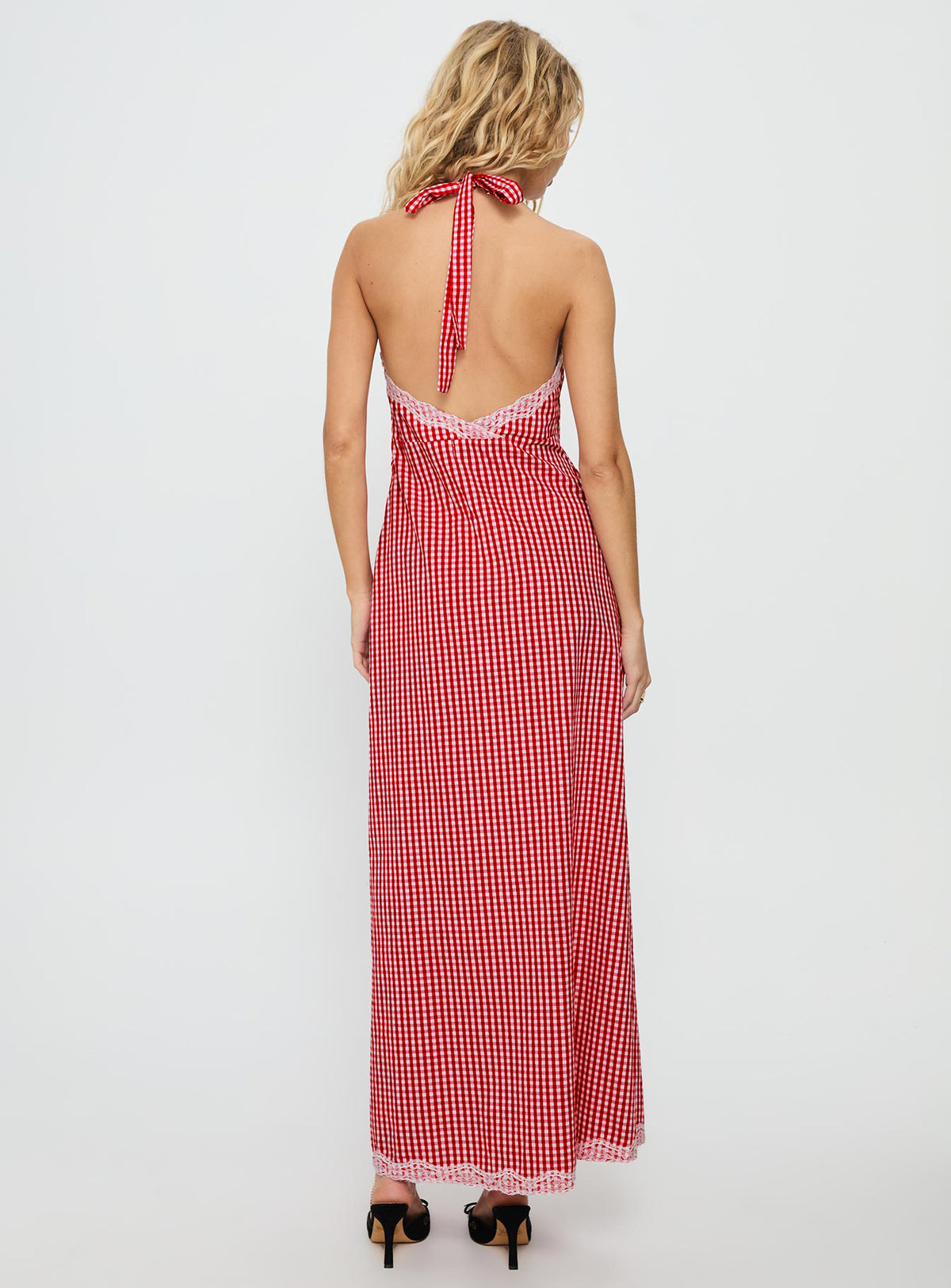 Betsie Halter Lace Maxi Dress Red Gingham