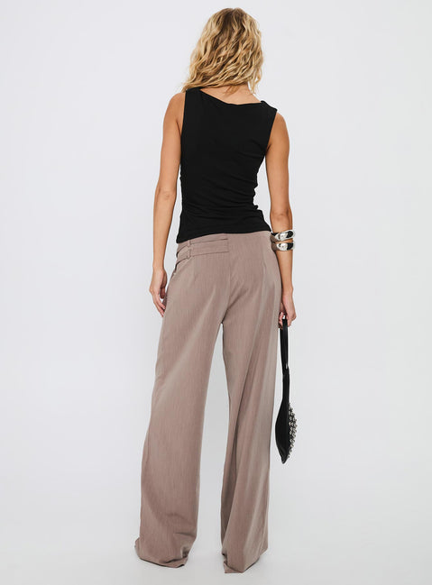 back view of model wearing Princess Polly Rinah Belted Pants Brown High Rise Pants Pants 