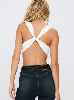 back view of model wearing Princess Polly Formative Backless Bodysuit White Sleeveless Bodysuit 