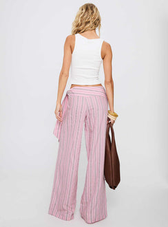 back view of model wearing Princess Polly Wave Dancer Tie Pant Pink Stripe High Rise Pants Pants 