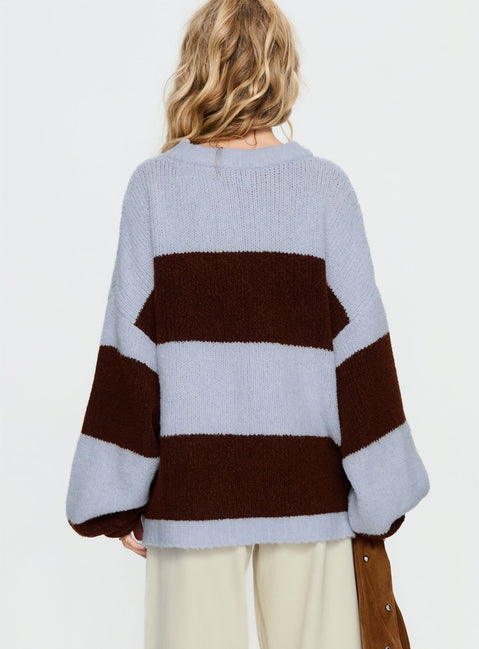 back view of model wearing Princess Polly Bastien Crew Neck Knit Sweater Blue / Chocolate Stripe Longline Jumpers Jumpers 