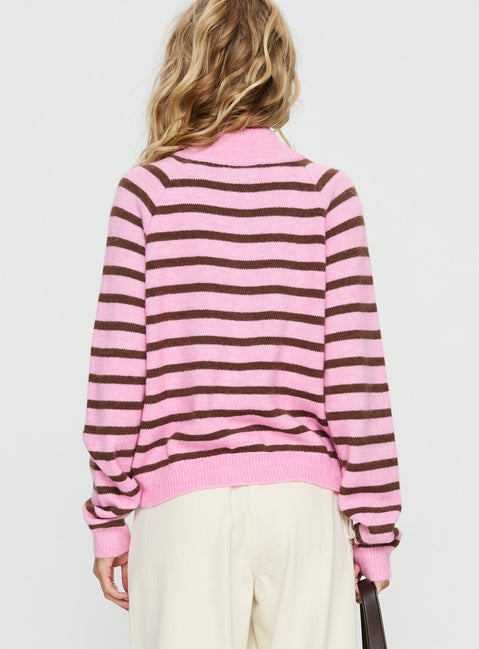 back view of model wearing Princess Polly Kaylei Zip Through Cardigan Pink Stripe regular Jumpers 
