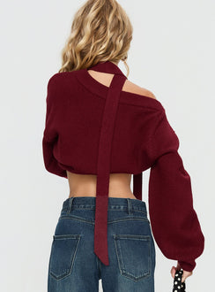 back view of model wearing Princess Polly Ruthi Scarf Off Shoulder Knit Sweater Burgundy Cropped Jumpers Jumpers 