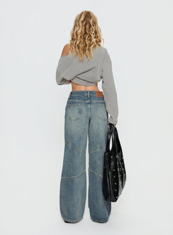 back view of model wearing Princess Polly Atmosphere Mid Rise Straight Leg Jeans Antique Wash Low Rise Jeans Jeans 