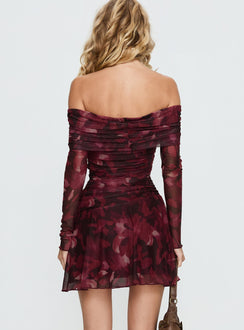 Marrissa Off Shoulder Long Sleeve Mini Dress Burgundy Floral