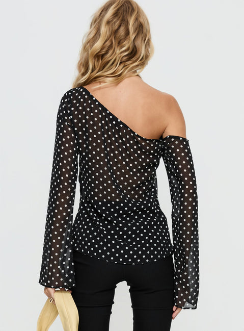 Shiona Sheer One Shoulder Long Sleeve Top Black Polka