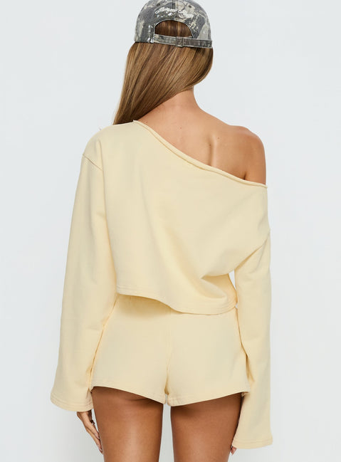 Presenting the Retreat Raw Edge Off Shoulder Jumper Buttercream womens-jumpers with short length back view of model wearing Princess Polly