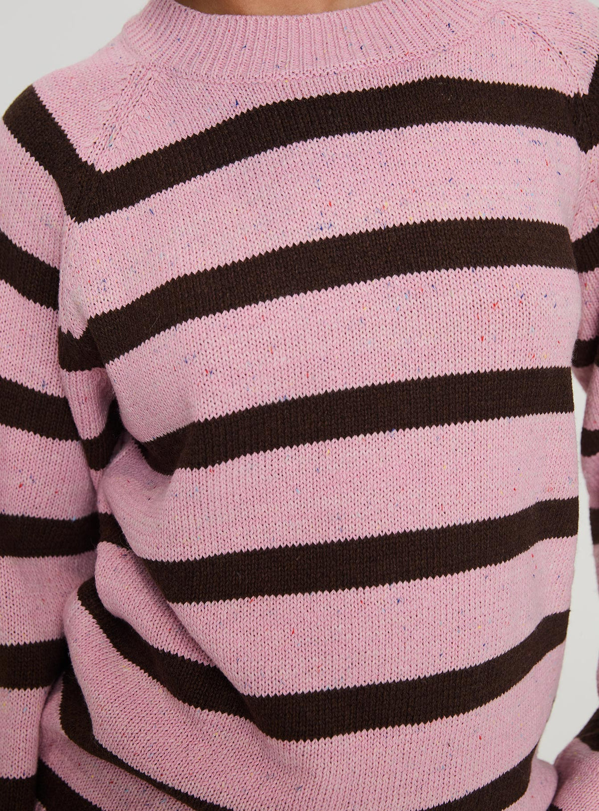 back view of model wearing Princess Polly Jacquette Knit Sweater Pink / Brown Longline Jumpers Jumpers 