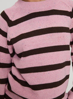 back view of model wearing Princess Polly Jacquette Knit Sweater Pink / Brown Longline Jumpers Jumpers 