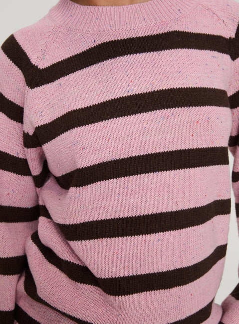 back view of model wearing Princess Polly Jacquette Knit Sweater Pink / Brown Longline Jumpers Jumpers 