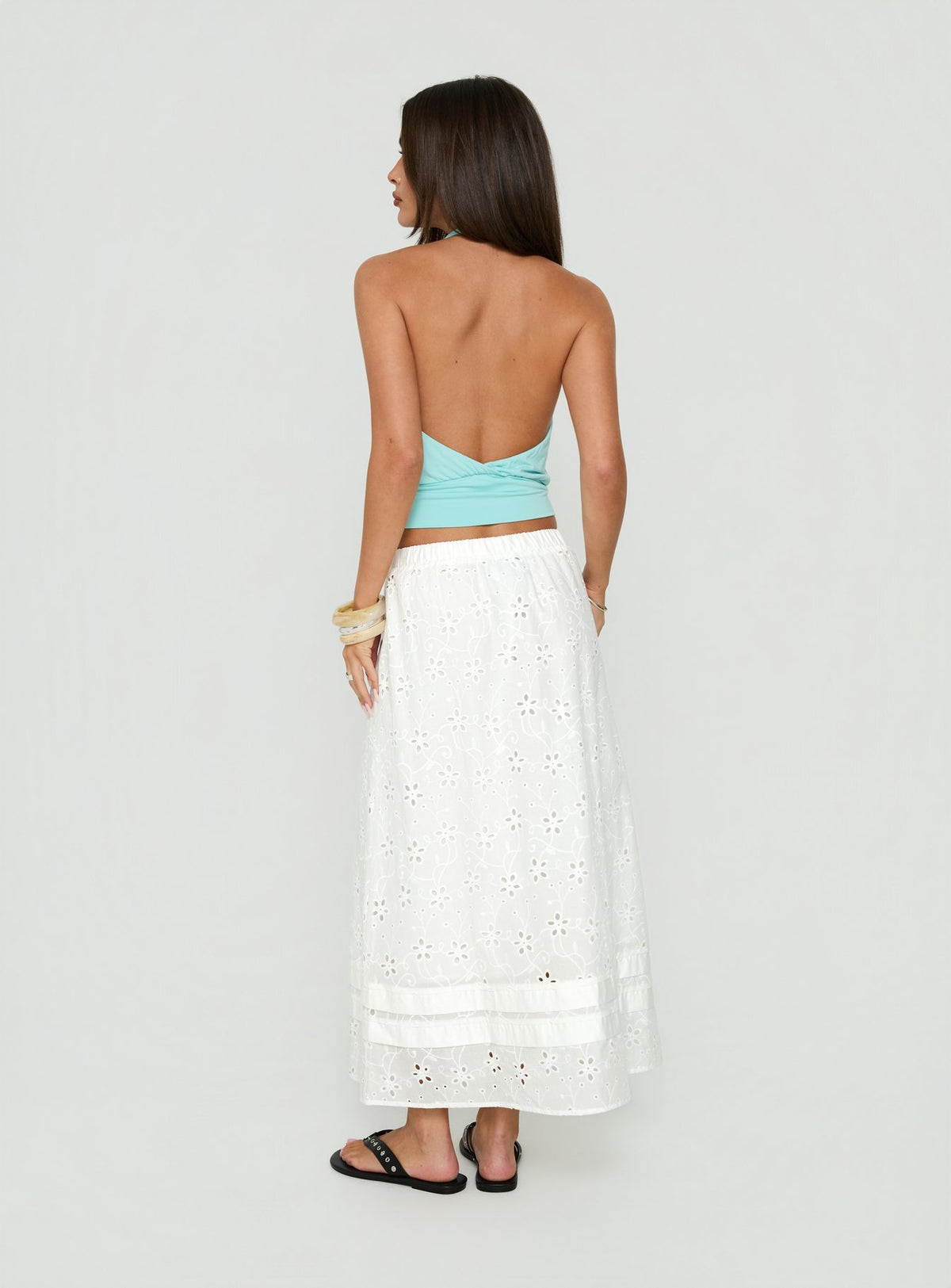 Visualize the Isolie Tiered Maxi Skirt White Anglaise in womens-skirts with relaxed fit and lace hem back view of model wearing Princess Polly
