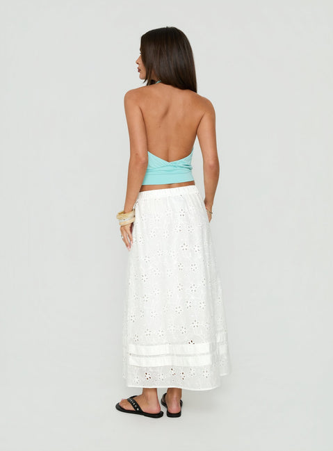 Visualize the Isolie Tiered Maxi Skirt White Anglaise in womens-skirts with relaxed fit and lace hem back view of model wearing Princess Polly
