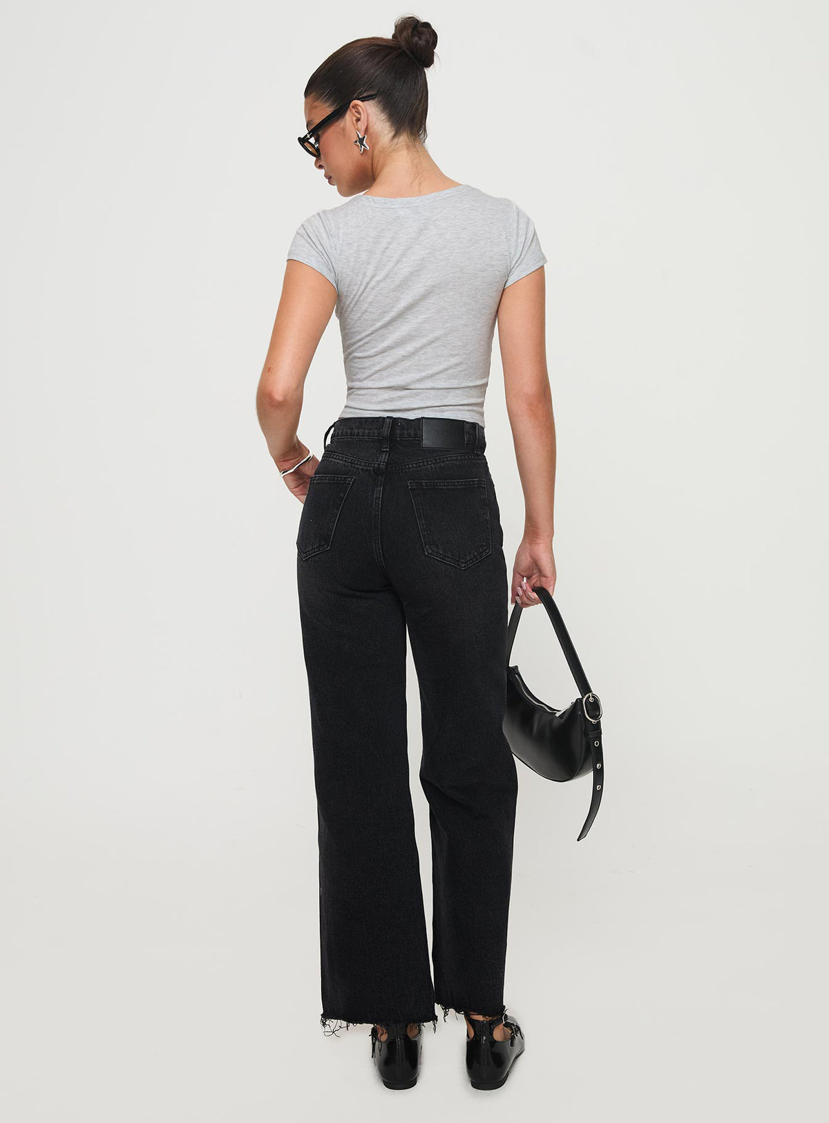 back view of model wearing Princess Polly Fawcett High Rise Straight Leg Jeans Washed Black High Rise Jeans Jeans 