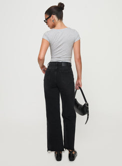 back view of model wearing Princess Polly Fawcett High Rise Straight Leg Jeans Washed Black High Rise Jeans Jeans 
