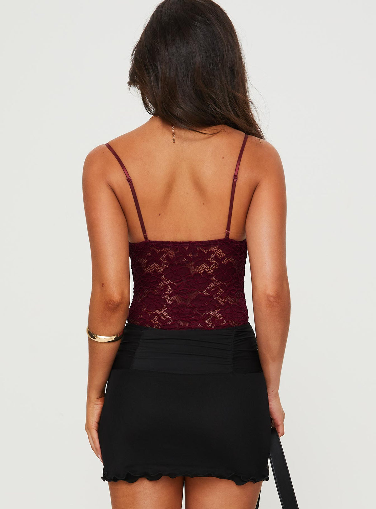 back view of model wearing Princess Polly Pennard Lace Bodysuit Wine Sleeveless Bodysuit 