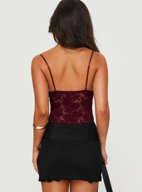 back view of model wearing Princess Polly Pennard Lace Bodysuit Wine Sleeveless Bodysuit 