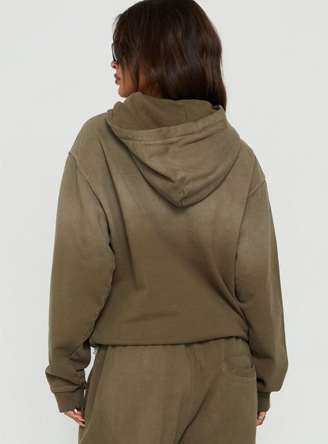 Shop the AT Pullover Oversized Hoodie Washed Olive in womens-jumpers with long fit back view of model wearing Princess Polly