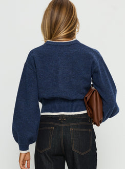 back view of model wearing Princess Polly Amandi Zip Through Knit Jumper Navy / Cream Cropped Jumpers Jumpers 