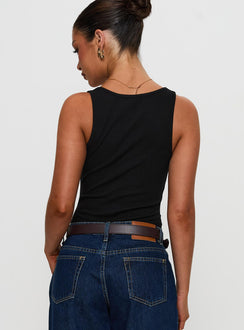 back view of model wearing Princess Polly Baseline Rib Bodysuit Black Sleeveless Bodysuit 