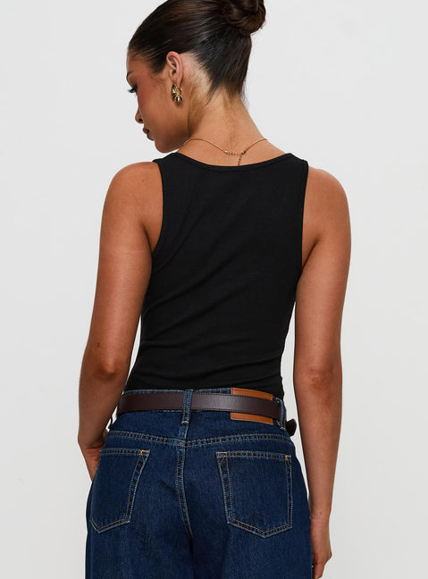 back view of model wearing Princess Polly Baseline Rib Bodysuit Black Sleeveless Bodysuit 