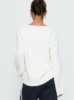 back view of model wearing Princess Polly Kaileigh V Neck Knit Sweater Cream Longline Jumpers Jumpers 