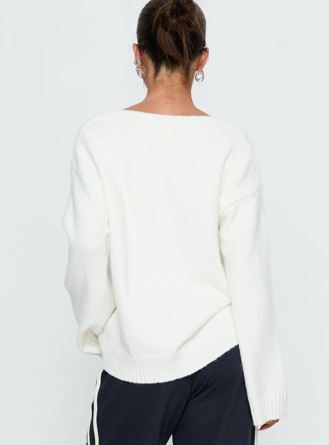 back view of model wearing Princess Polly Kaileigh V Neck Knit Sweater Cream Longline Jumpers Jumpers 